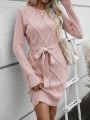 SHEIN Essnce Solid Belted Sweater Dress