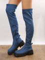 Fashionable Casual Comfortable Denim Fabric Ladies' Wedge Heel Thick-soled Boots