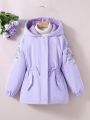 SHEIN Kids CHARMNG Girls' Elegant Embroidered Hooded Parka Jacket With Mid-length, Drawstring Waist And Soft Fleece Lining