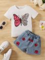 SHEIN Kids HYPEME Girls' Butterfly & Leopard Print Short Sleeve T-Shirt And Embroidered Denim Shorts Two Piece Outfit
