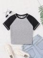SHEIN Teen Girls' Knitted Color Block Fitted T-Shirt With Raglan Sleeve And Short Hemline