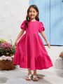 SHEIN Kids EVRYDAY Young Girl's Woven Solid Color Round Neck Casual Dress With Ruffle Hem