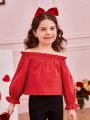 SHEIN Little Girls' Woven Solid Color Off Shoulder Top With Ruffle Trim, Back Bow Decor And Long Sleeves