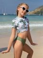 Tween Girls Coconut Tree Printed Bikini Swimsuit Set With Triangle Bottom And Top