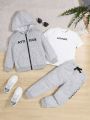 SHEIN Kids EVRYDAY Young Boy Letter Graphic Zip Up Hoodie & Sweatpants & Tee