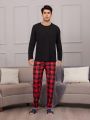 Men'S Solid Color Long-Sleeved T-Shirt And Plaid Trousers Loungewear Set