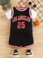 Baby Boy's Sporty & Cool Letter Printed Fake Two Pieces Vest Short Sleeve Top And Shorts Set For Spring And Summer