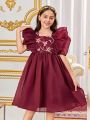 SHEIN Kids Nujoom Tween Girls' Cute Bubble Sleeve Fabric Spliced Dress
