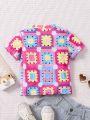 SHEIN Kids SUNSHNE Girls' Colorful Crochet Flower Print Short Sleeve T-Shirt For Vacation