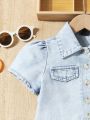 Young Girl Spring Romantic Holiday Casual Patchwork Light Blue Washed Denim Top With Puff Sleeves