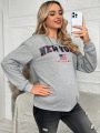 SHEIN Pregnant Women's Grey Round Neck Long Sleeve Sport Sweatshirt With Letter Print
