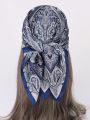 1pc Navy Blue Women's Cashew Print Square Scarf, Silk Headscarf For Daily Wear