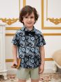 SHEIN Kids FANZEY 2pcs/Set Toddler Boys' Paisley Print Short Sleeve Shirt And Shorts, Casual Cute Sporty Street Style, Spring/Summer