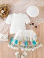 Baby Girl's Elegant Romantic Embroidery Mesh Set With Hat For Summer