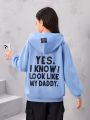 SHEIN Tween Girls' Hooded Fleece Sweatshirt With Slogan Print