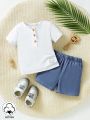 Baby Boy'S Letter Print Half-Buttoned Polo Shirt And Shorts Set