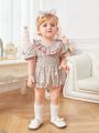 Infant Baby Girls' Sweet Floral Print Bubble Romper With Ruffle Collar And Bow Headband For Summer
