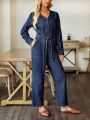 SHEIN LUNE Long Sleeve V-neck Denim Jumpsuit With Buttons