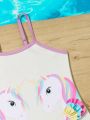 Young Girls' One-Piece Swimsuit With Cartoon Unicorn Print
