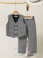 SHEIN Toddler Boys' Gentlemen Plaid Vest And Pants Suit