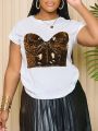 Plus Size Women's Leopard Print Round Neck Short Sleeve T-shirt