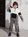 SHEIN Kids EVRYDAY Toddler Boys' Casual Hooded Sweatshirt And Pants Set With Color Block Design