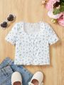 SHEIN Kids Cooltwn Young Girl Casual Floral Print Short Sleeve T-Shirt