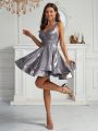 SHEIN Belle Faux Suede & Lace Composite, Deep V-Neck, Cocktail Party A-Line Skirt Women's Formal Dress