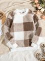 Mother And Daughter Matching Plaid Patchwork Fleece Sweatshirt In Multiple Colors For Daily Wear In Spring, Autumn And Winter