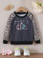 Little Girls' Letter Print Leopard Spliced Raglan Sleeve Round Neck Sweatshirt