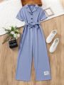 SHEIN Kids HYPEME Tween Girls' Casual Street Style Solid Color Woven Short Sleeves Jumpsuit For Spring And Summer