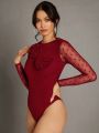 SHEIN BAE Valentine's Day Red Mesh Polka Dot Three-Dimensional Flower Decoration Tight Women Long-Sleeved Jumpsuit