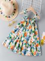 Toddler Girls Floral Print Ruffle Trim Tie Shoulder Cami Dress