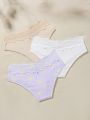 3pcs Lace Embellished Ribbed Knit Thong Underwear