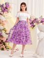 SHEIN Teen Girl's Double Layered Ruffle Trim Off Shoulder Top & Floral Pattern Organdy Skirt Set