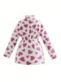 Teen Girl 1pc Heart Print Drop Shoulder Drawstring Waist Teddy Lined Reversible Coat