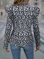 SHEIN LUNE Women's Leopard Print Ruffle Decoration Zipper Jacket