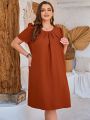 EMERY ROSE Plus Size Solid Color Pleated Puff Sleeve Dress
