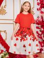 SHEIN Kids EVRYDAY Tween Girls' Casual Valentine's Day Heart Print Patchwork Dress