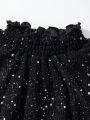 Teenage Girls' Stand Collar Sparkly Tulle Mesh Floral Lace Sleeve Dress
