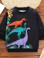 SHEIN Kids QTFun Toddler Boys' Sports Shirt With Cartoon Dinosaur Print And Round Neckline