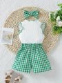 Baby Girls' Top With Ruffle Hem And Plaid Shorts Set