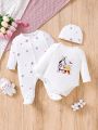 SHEIN Baby Girl White Cartoon Printed Bodysuit Jumpsuit, Hat Set, 3pcs Home Clothes