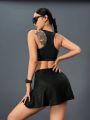 Textured Faux Leather Crossed Waistband Skirt & Sportswear Set