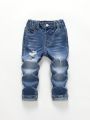 Little Boys' Medium Washed Blue Stretch Ripped & Cuffed Denim Jeans