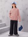 SHEIN Tween Girls' Simple Street Style Knit Pullover Hoodie