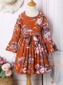 Young Girl Floral Print Flounce Sleeve Pleated Hem Belted Dress