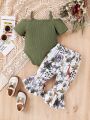 Baby Girl Butterfly Knot Off Shoulder Jumpsuit And Giraffe Print Bell-Bottom Pants Set