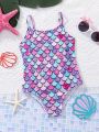 SHEIN Young Girl's One Piece Swimsuit With Knitted Scale Pattern, Spaghetti Strap, Casual Style For Vacation