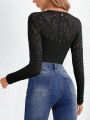 SHEIN Frenchy Women's Back Lace Spliced ​​Long Sleeve Jumpsuit Valentine's Day Jumpsuit